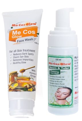 Me Cos Glow Honey Ginger Face Wash & Neem Tulsi Face Wash - Purifying Cleanser for Acne-Prone Skin, Natural Antioxidants & Herbal Formula | 150ml | Pack of 2 (Combo)