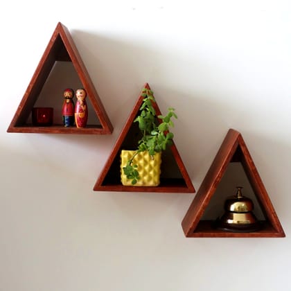 Barish Home DECOR'S - Triangular Wal Shelf (Set of 3) | Wooden Wall Mount Shelves for Home Decor | Home Decor Piece | Handcrafted with Rubberwood | 24 x 24 x 12 (H x W x D