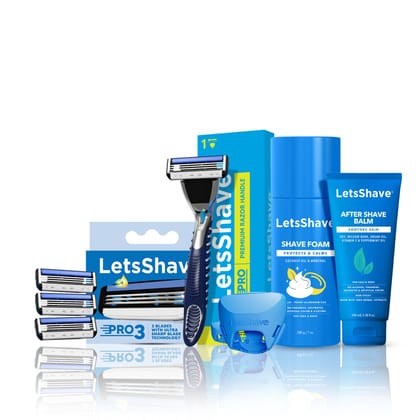 LetsShave Pro 3 Shaving Razor Value Kit- Pack of 4 Blades with Razor Cap, After Shave Balm and Shave Foam - 200 g