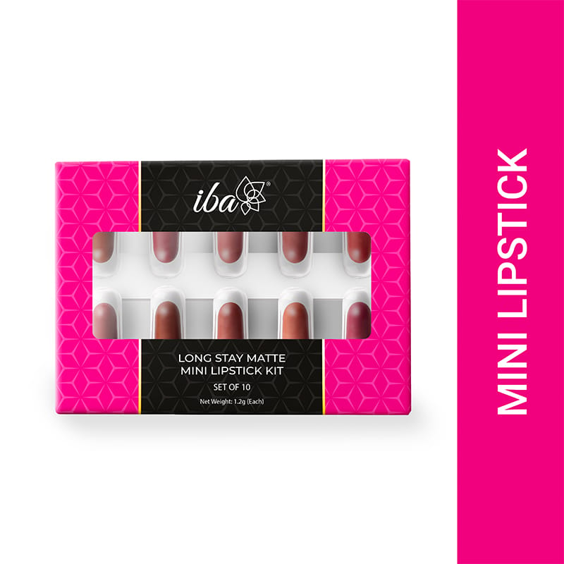 Iba Long Stay Matte Mini Lipstick Kit | Creamy Matte Lipstick Set | Highly Pigmented and Long Lasting | Hydrating & Moisturizing Minis Lipsticks Set for Women | Mini Lipstick Combo Pack| (Set of 10) 12 g (1.2 g Each)