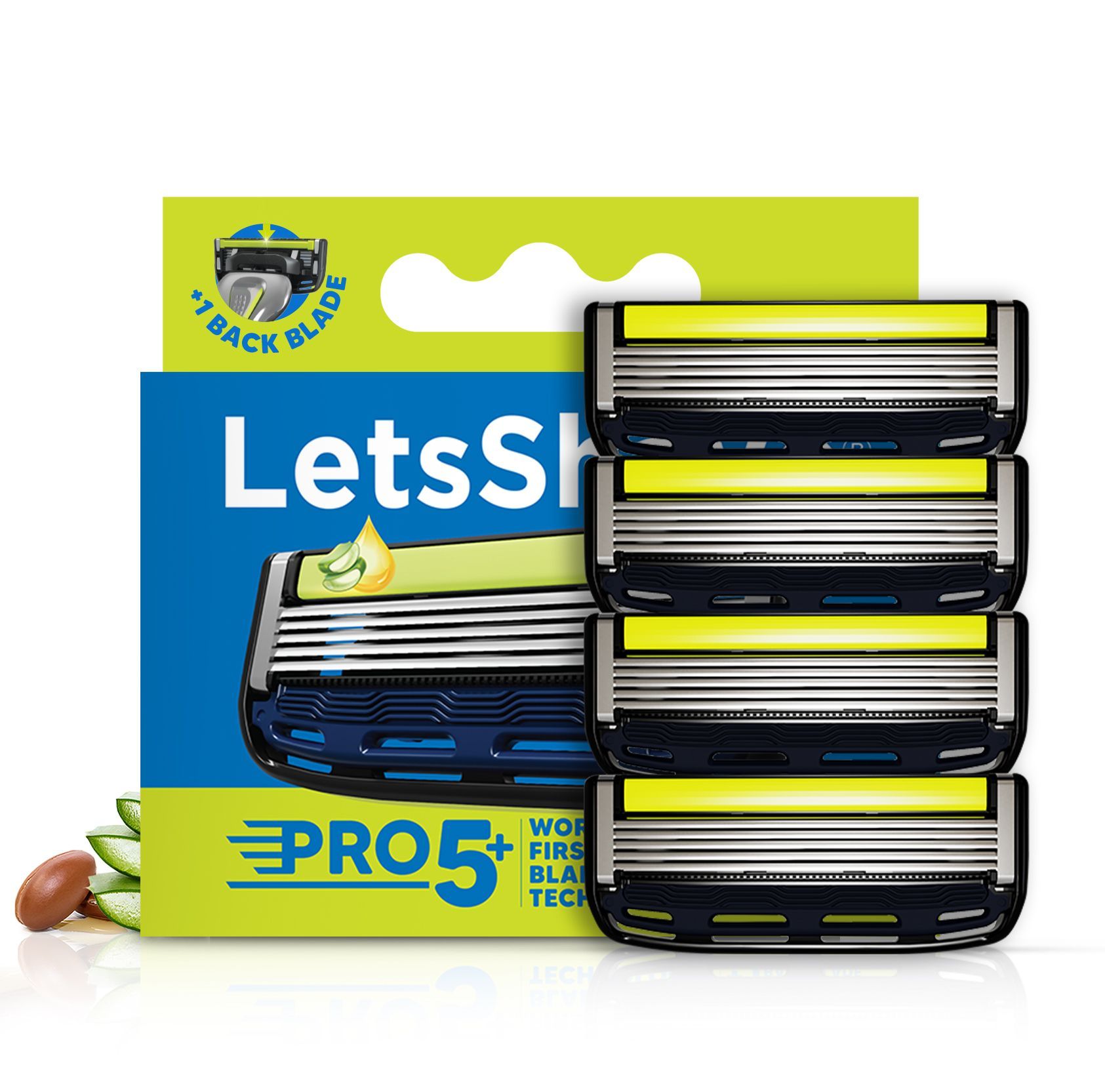 LetsShave Pro 5 Plus Shaving Razor Blade for Men with Safety Precision Trimmer Aloe Vera,Vitamin E & Argan Oil Lubricating Strip Pack of 4 Blade Refills