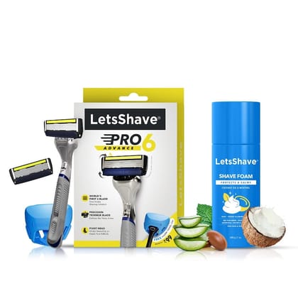 LetsShave Pro 6 Advance Manual Shaving Razor for Men, Shaving Kit with Pro 6 Blade Advance Razor for Men, Shaving Foam with rich lather & Razor cap for blade hygiene