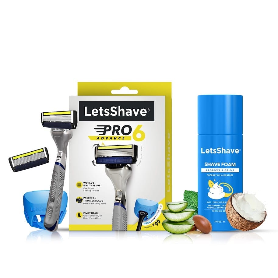 LetsShave Pro 6 Advance Manual Shaving Razor for Men, Shaving Kit with Pro 6 Blade Advance Razor for Men, Shaving Foam with rich lather & Razor cap for blade hygiene