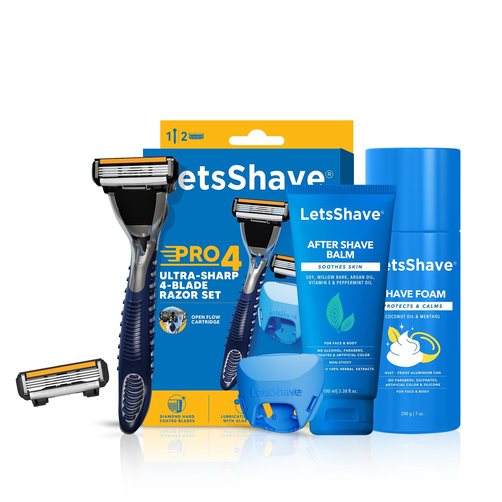 LetsShave Pro 4 Grooming & Shaving Kit for Men - 4 Blade Shaving Razors for Men, Shaving Foam, After Shave Balm, Razor Cap