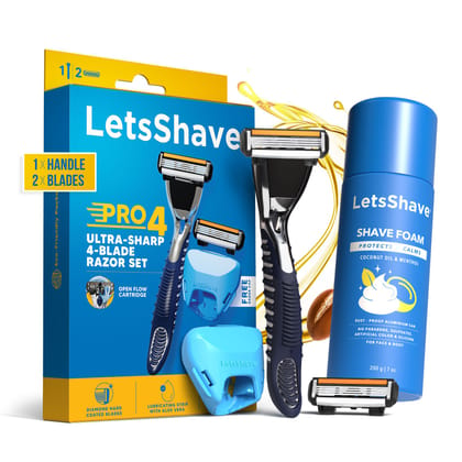 LetsShave Pro 4 Razor, Trial Shaving Kit for Men - Pro 4 Blade Razor for Men, Razor Handle, Razor Cap & Shaving Foam for Men - 200 g