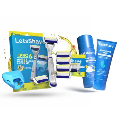 LetsShave Pro 6 Value Shaving Kit-6 Blade Razor with 4 Blade refill,  After Shave Balm, Shave Foam 200g with free Travel Cap | Safety Precision Trimmer/Back Blade for Men