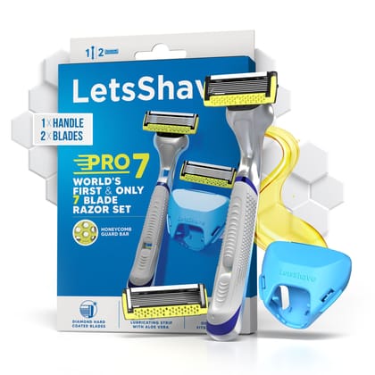 LetsShave Pro 7 Max Razor Value set World's First & Only 7-Blade Shaving Razor with Precision Blades & Honey Comb Guard Bar Argan Oil, Aloe & Vitamin E 1 Razor Handle + 2 Razor Cartridges