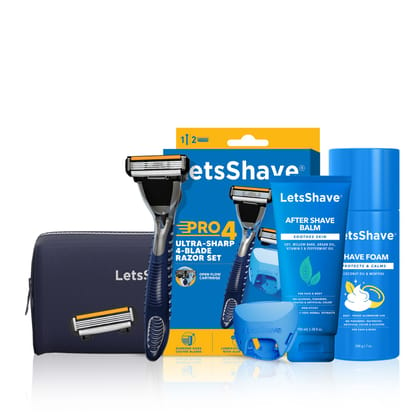 LetsShave Pro 4 Grooming & Shaving Kit (Pro 4 Razor + Shave Foam 200g + After Shave Balm 100ml + Travel Pouch + Travel Cap) (1Pack)