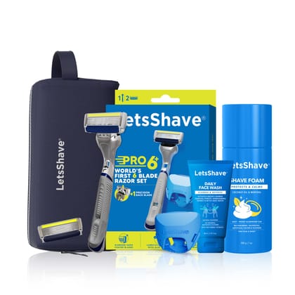 LetsShave Pro 6 Plus Grooming Kit for Men - 6 Blade Razor with 1 Blade refill,  After Shave Balm 30ml, Shave Foam 200g ,Travel Bag, Travel Cap | Safety Precision Trimmer for Men