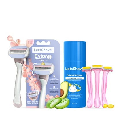 LetsShave Evior 3 Body & Bikini Shave Combo Set for Women- Evior 3+ Bikini Razor 3 pcs+ Shave Foam | Full Body Hair Removal Razor for Women