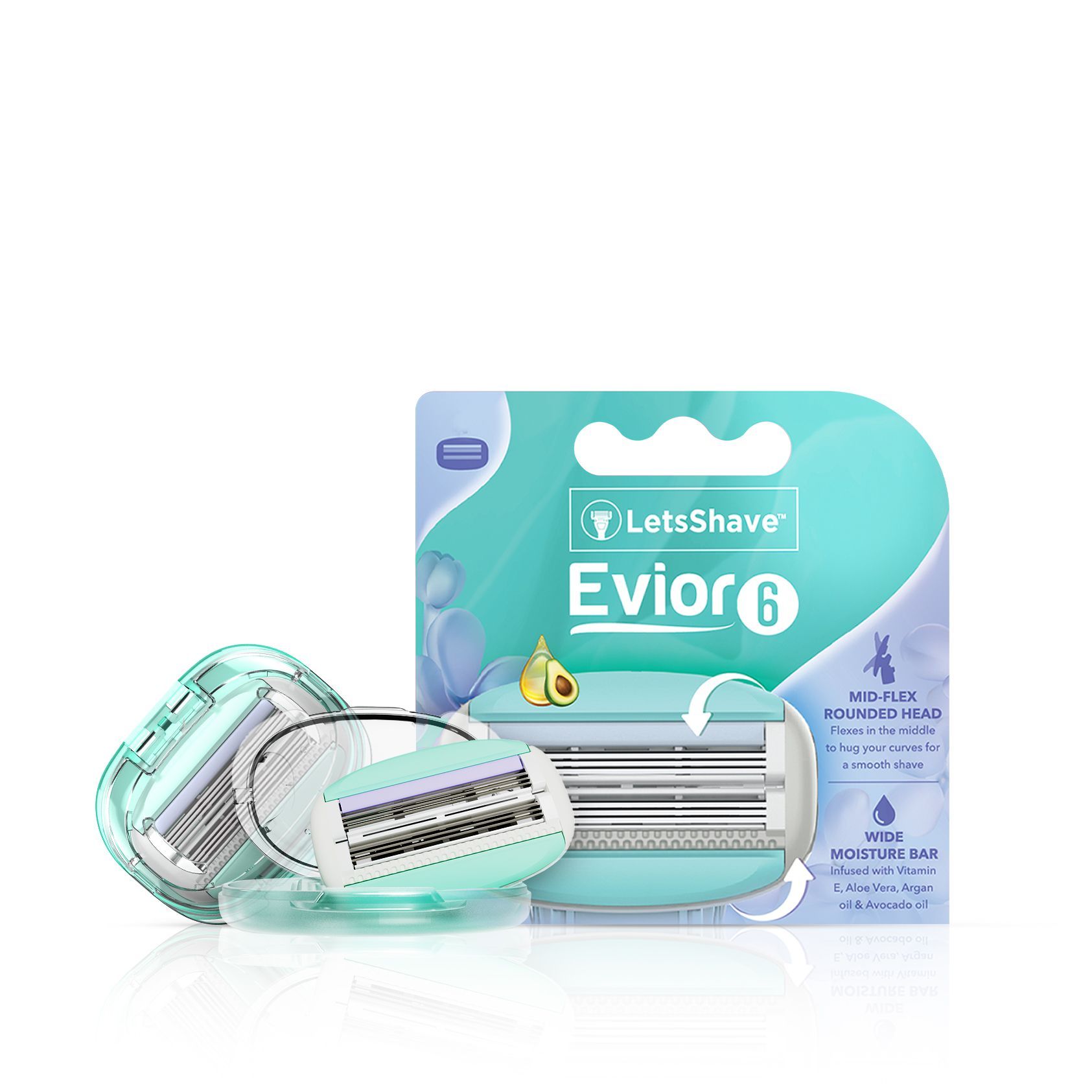 LetsShave Evior 6 Body Hair Removal Razor for Women with Wide Head & Open Flow Cartridge | Dual Moisture Bar & Micro Comb Guard Bar | Women Razor for Under Arms, Legs & Bikini Area | Razor + Pack of 2 Blades