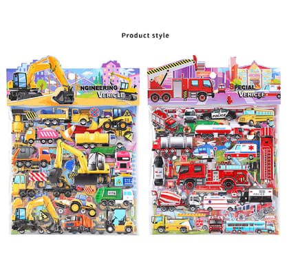 KTRS Enterprise Stickers Playset:Construction and Vehicle for Toddlers Airplane Activities Reusable 3D Sticker Trucks Tractor Police Car Fire Truck Ambulance(Pack of 2)