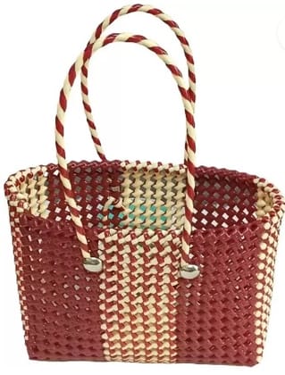  Red and White Striped Handwoven Market Basket