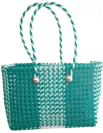  Green and White Handwoven Plastic Basket