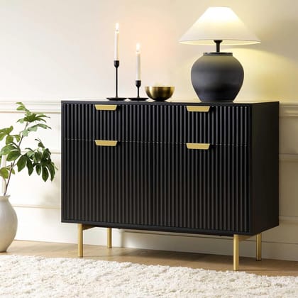 hukamart  ; Wooden Sideboard Cabinet for Living Room | Kitchen Crockery Cabinets with 2 Drawers & 2 Door | Storage Unit for Bedroom | Solid Wood Sheesham & Iron(Black & Golden)