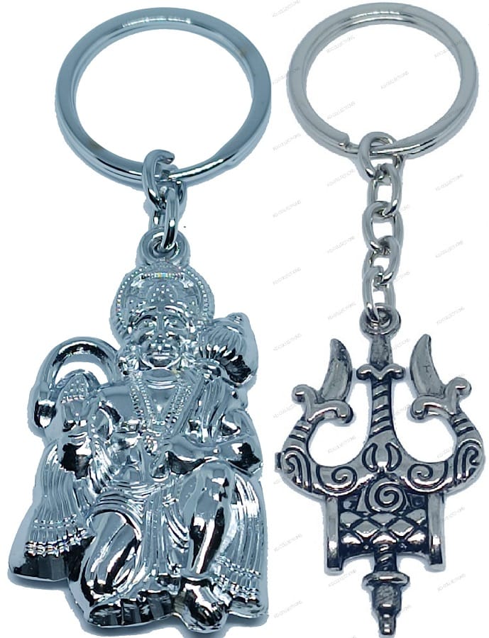 KD COLLECTIONS Bajrangbali Hanuman Keychain & Lord Shiva Shankar Mahadev Om Namah Shivay Trishul Keychain Combo – Multicolor – Pack of 2 Keychains (SILVER)