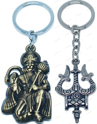 KD COLLECTIONS Bajrangbali Hanuman Keychain & Lord Shiva Shankar Mahadev Om Namah Shivay Trishul Keychain Combo – Multicolor – Pack of 2 Keychains (GOLDEN – SILVER)