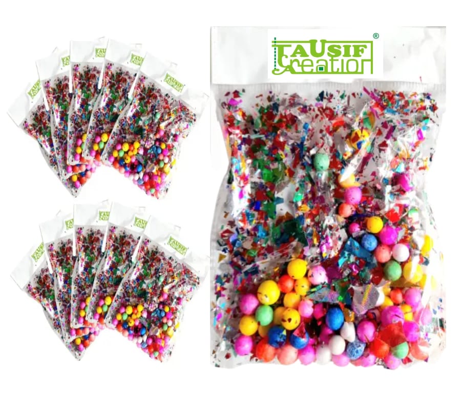 TAUSIF CREATION® New Colourful Craft Balls with Confetti for Celebrations Especially Birthday Party/Weddings and DIY Art & Craft Projects Multicolour (10 Pouches)