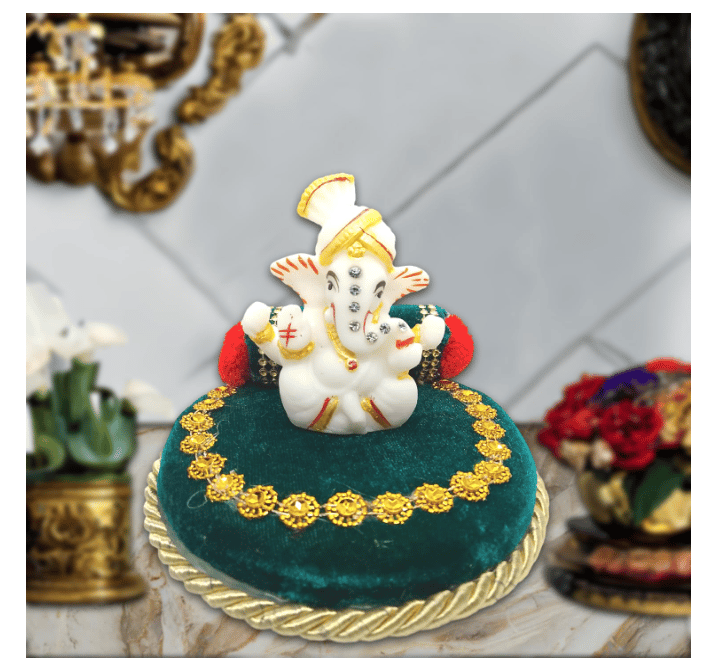 Vishu Store Ganesha Idol with Handcrafted Green Singhasan for Home/Temple/Office/Car Dashboard | Ganesh Ji Statue Gifts Showpiece (Pack of 1)