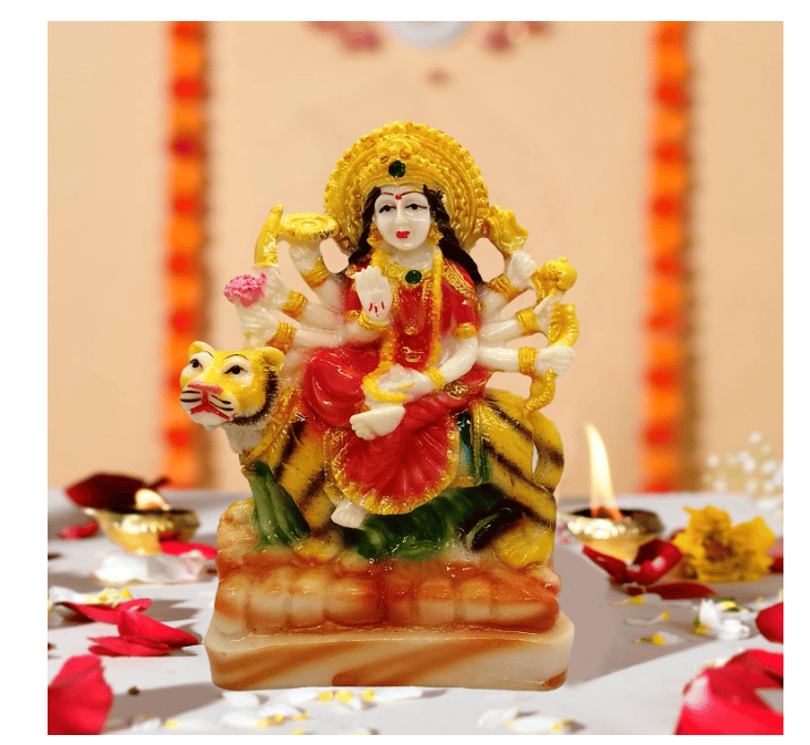 Vishu Store Resin Sherawali MATA Murti | Durga Maa Murti Idol Statue Vaishno Devi Murti for Pooja Room Home Temple Idol Multicolor 5 Inches (Pack of 1)