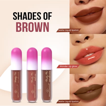 Shryoan Pretty Me! 2 Liquid Lipstick & 1 Lip Gloss | Transfer Proof & Highly Pigmented| Waterproof & Smudge-Proof | Pack of 3 | 6ml (Shades of BROWN)