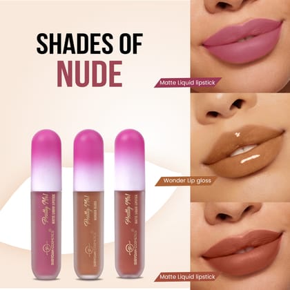 Shryoan Pretty Me! 2 Liquid Lipstick & 1 Lip Gloss | Transfer Proof & Highly Pigmented| Waterproof & Smudge-Proof | Pack of 3 | 6ml (Shades of NUDE)