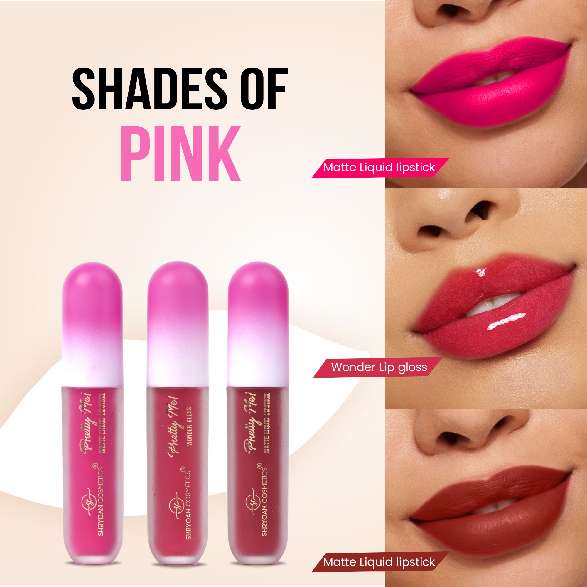 Shryoan Pretty Me! 2 Liquid Lipstick & 1 Lip Gloss | Transfer Proof & Highly Pigmented| Waterproof & Smudge-Proof | Pack of 3 | 6ml (Shades of PINK)