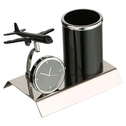 Shri Baba Art  - Aeroplane Miniature Metal Pen Stand With Clock, Stylish Desk Organizer, Pencil Holder, Elegant Corporate Gift Set, Durable Decorative Showpiece for Office, Doctors, Lawyers (Black)