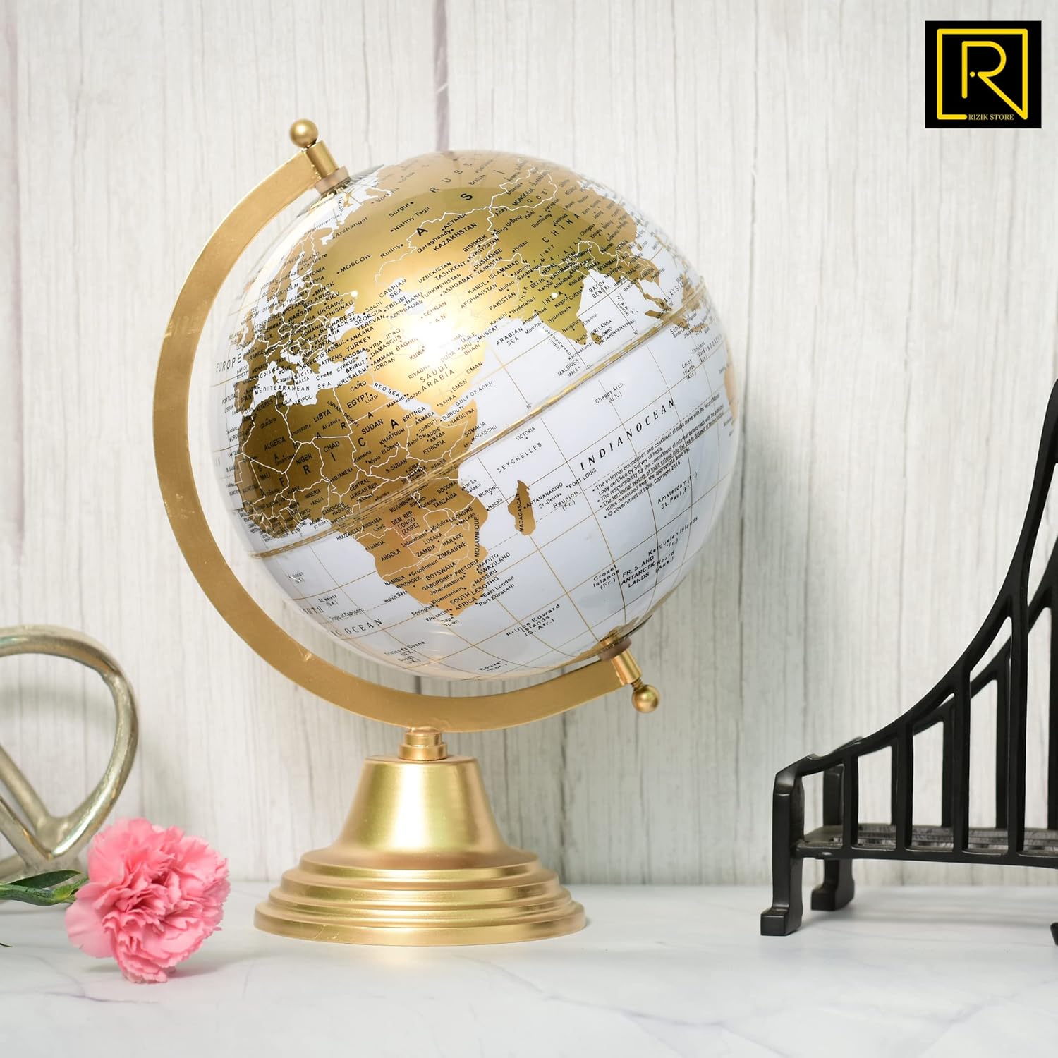 Shri Baba Art  - Educational World Globe With Heavy Metal Arc And Base/Home Decor/Political Globe/Office Globe/Globes For Kids & Students (8" White Gold)