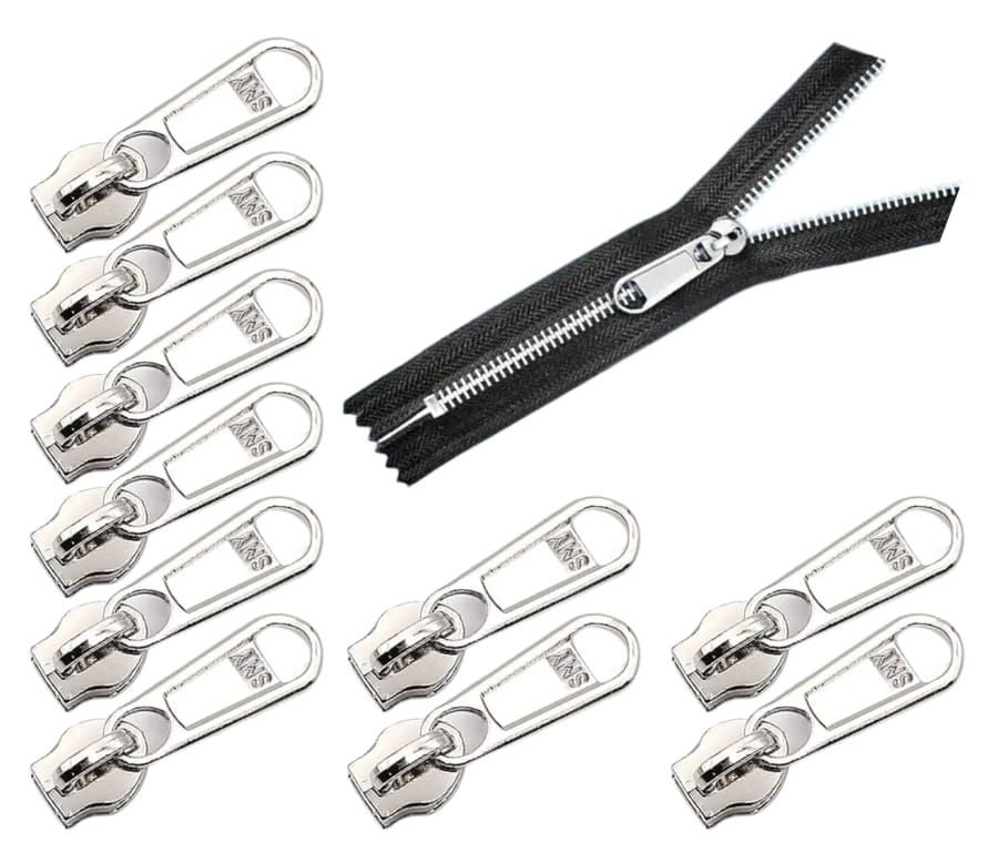 TAUSIF CREATION® SMY Glossy Silver Metal Zipper Slider/Runner/Puller for Replacement, Fix Zip Puller Fastener Repair for Cloth/Jacket/Backpack Instant Fixing DIY (5 No. / Size) Pack of 10 Pc