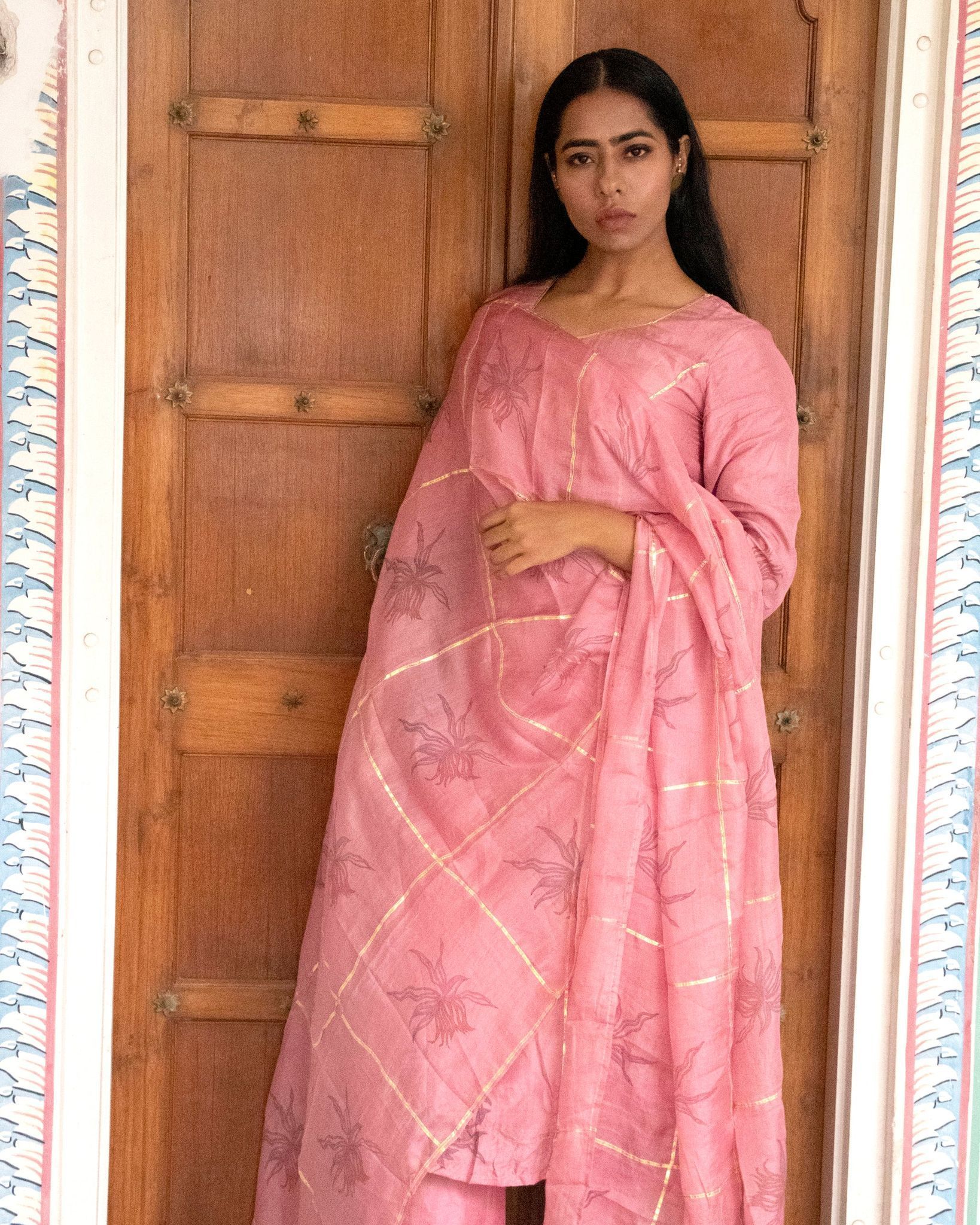 Dusty Onion Pink Silk A-Line Kurta Set by Aagaaz Jaipur