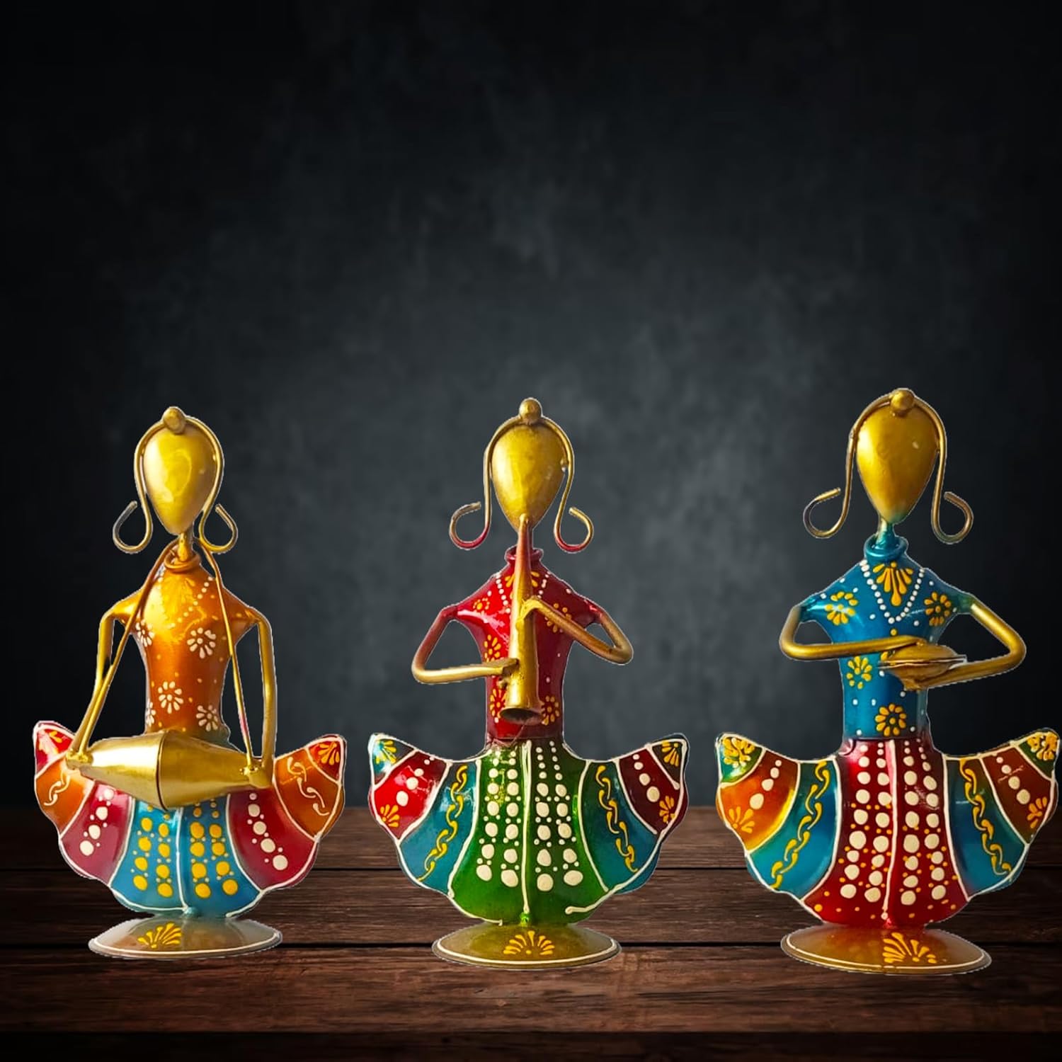 R. K. ARTS and HANDICRAFTS -  Rajasthani Musician Metal Figurine Showpiece Set Wrought Iron Satue Set for Home Decor, Table Top, Home Living Room Office, Perfect for Gifting, Diwali Decor (Female Set 3)