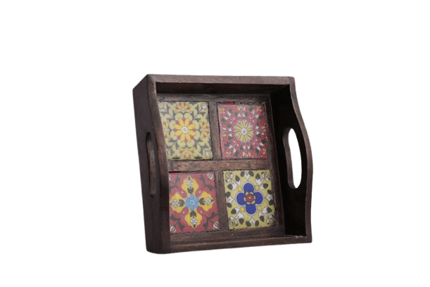  Handcrafted Wooden Tray with Colorful Tile Inlay