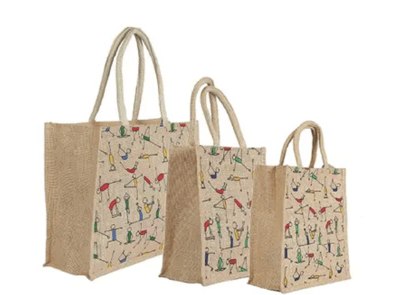 Unimart Jute bags for lunch box Yoga Print & food love Beige Bag with top Zipper . Mistazzo Jute Shopping Eco-Friendly Bag Pack Of 3 Bags Yoga Printed