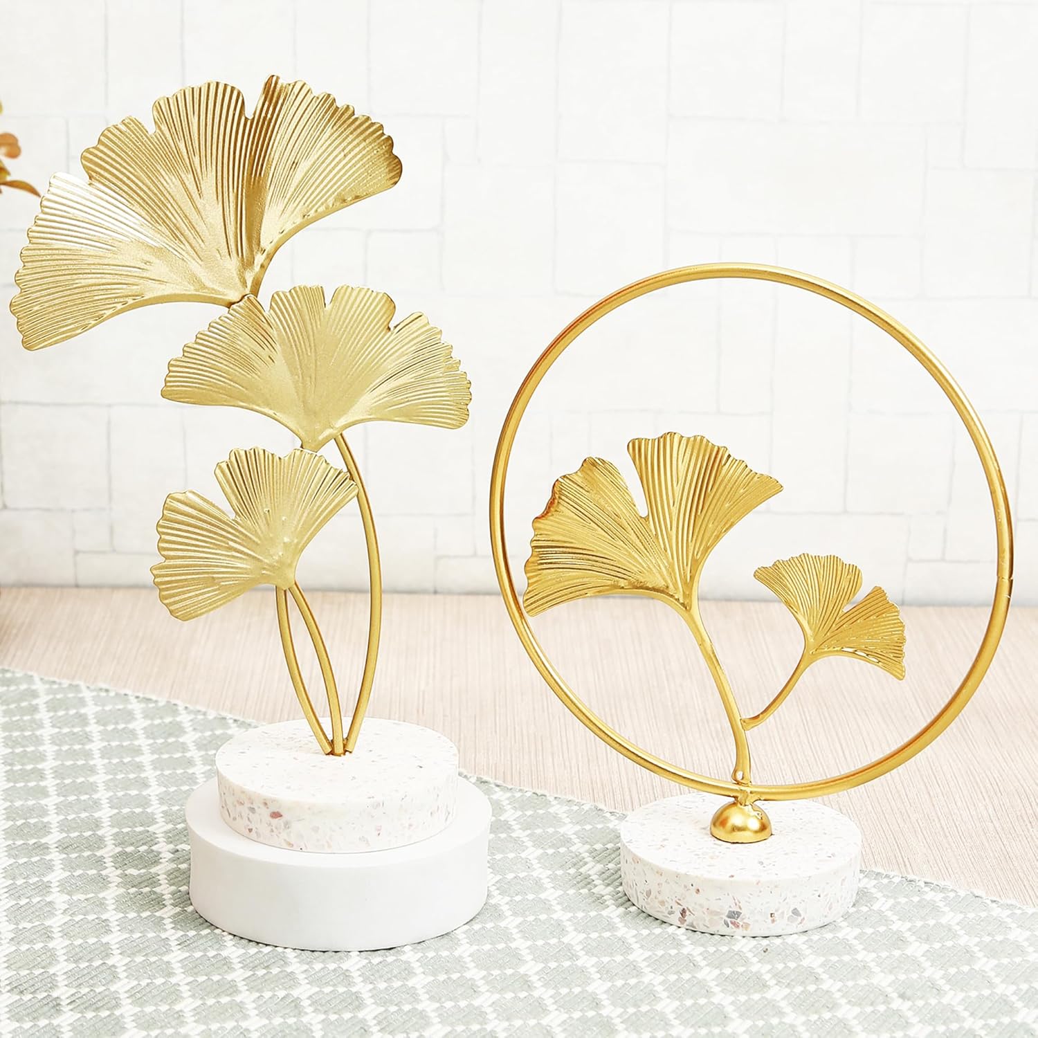 Kishore Art 2 Pcs Metal Leaf Showpiece For Table Top Decoration Centerpiece Bookshelf Desk Home Decor Living Room Bedroom Shelf Office Gifting Decorative Items - Golden