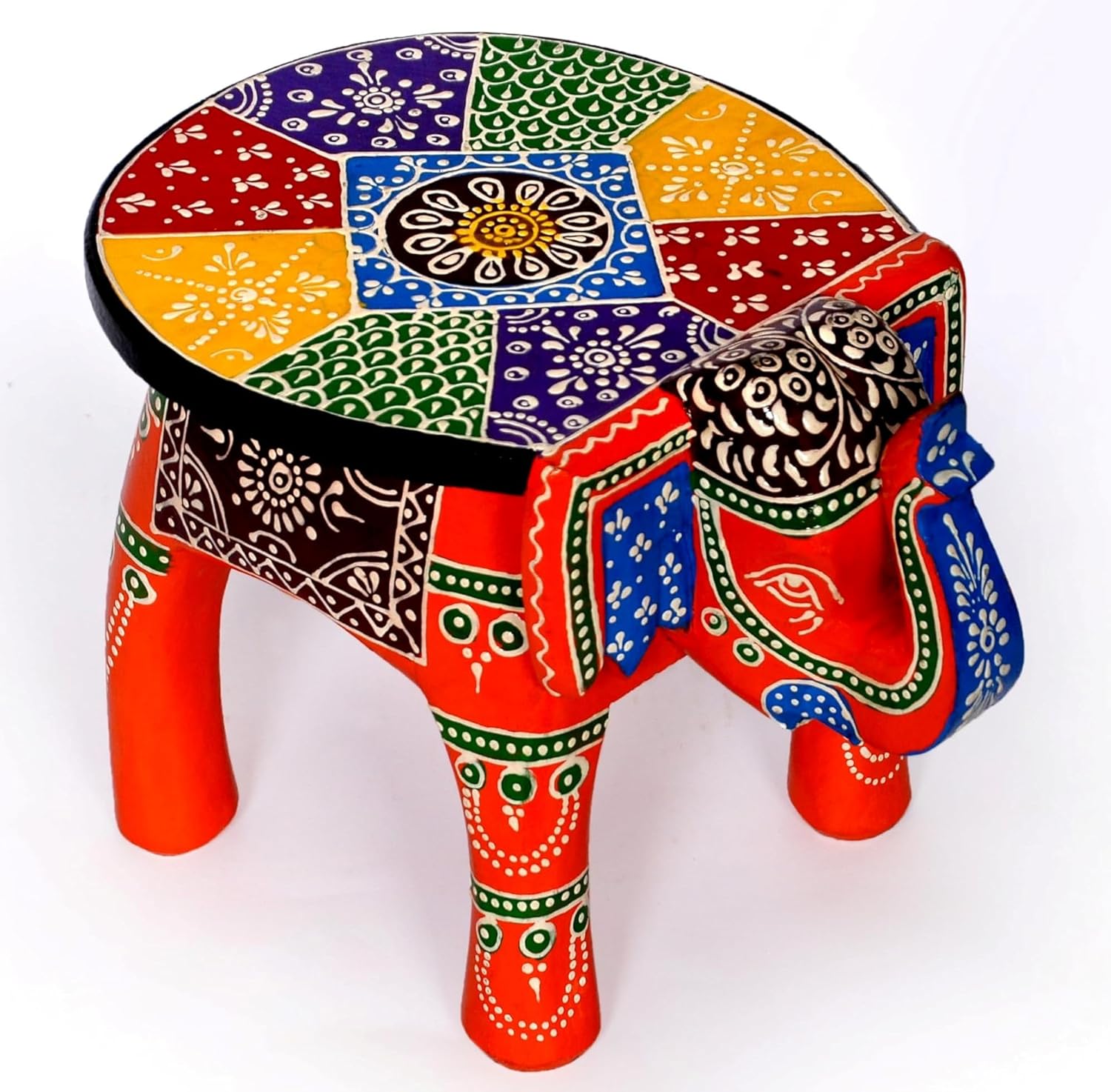 Hitesh Handicrafts -Wooden Elephant Stool, Puja Stool and Planter Stand for Living Room/Bedroom/Kitchen/Balcony and Office Stool, Embossed Painted, Elephant Shape (Orange)