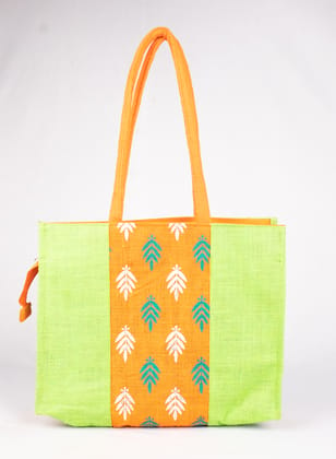 Green Jute Tote Bag with White Floral Print