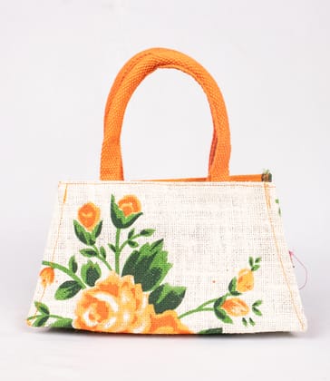  Floral Print Jute Tote Bag with Orange Handles