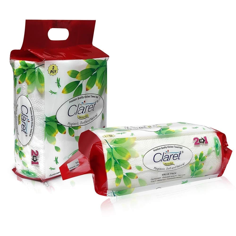 Claret 100 pulls per roll Absorbent 2 Ply"PACK Of 2" Kitchen Tissue rolls, kitchen towels, kitchen roll, tissue paper for kitchen 20 CM X 20 CM pull size - (2 rolls in 1 pack total 4 rolls)