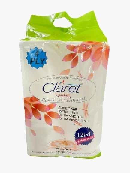 Claret Soft & Natural Toilet Paper, 100% Virgin Pulp, Eco-Friendly, Easily Dissolves in Water, 12 Rolls, 1440 Sheets, 4 Ply - Pack of 12