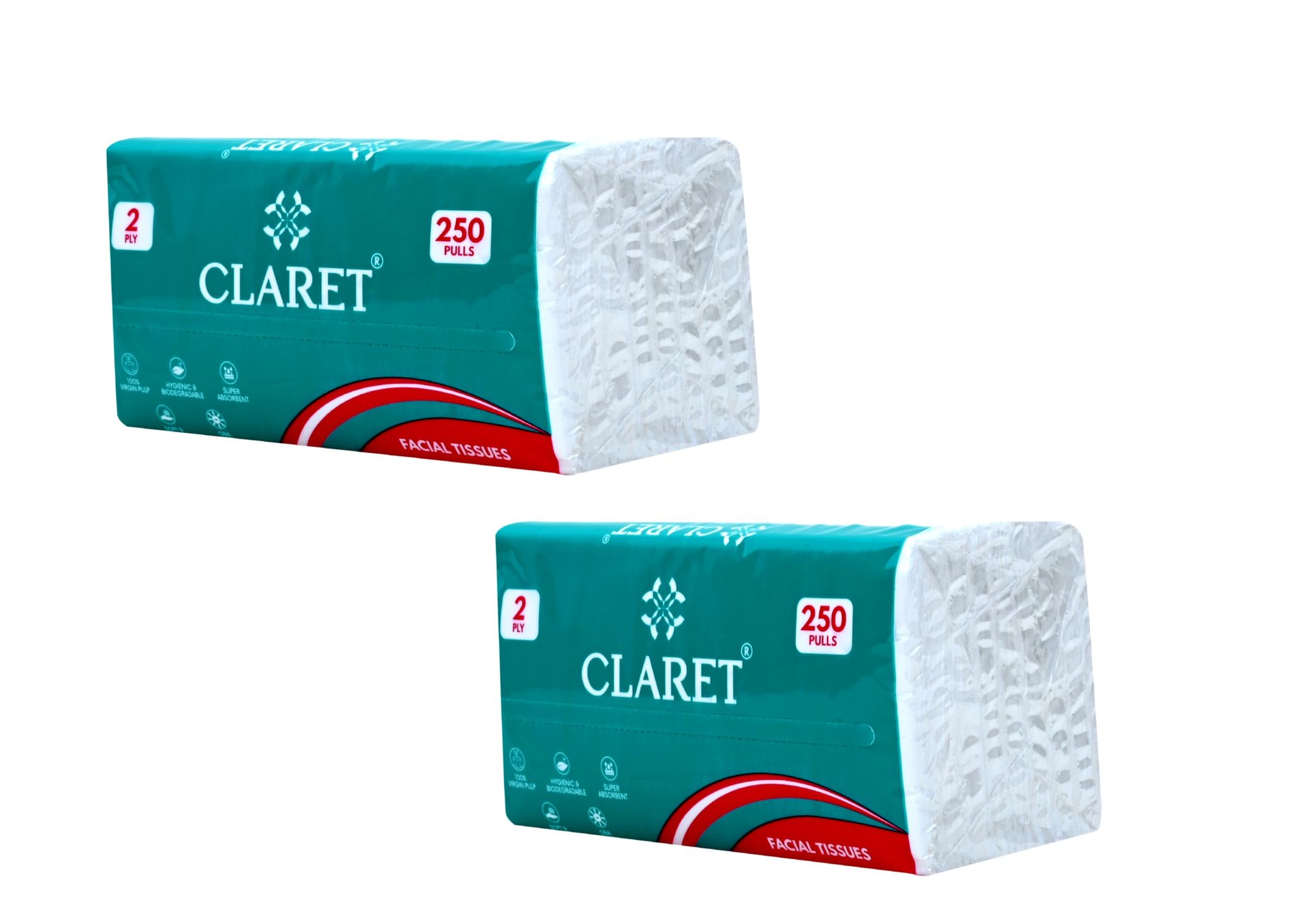 CLARET Polypack Facial Tissues - 2 Ply, 250 Pulls (500 Sheets), 18 x 20 cm - Super Soft, Multipurpose Dry Tissues for Personal Care, Office, Bedside, Car and Daily Use - Pack of 2