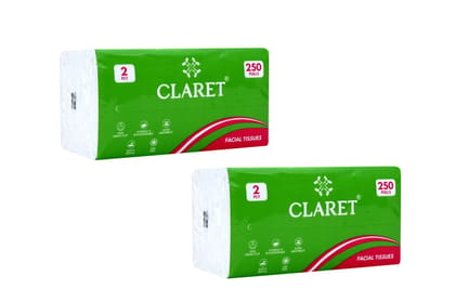 CLARET Polypack Facial Tissues - 2 Ply, 250 Pulls (500 Sheets), 18 x 20 cm - Super Soft, Multipurpose Dry Tissue for Personal Care, Bedside, Office and Car - Pack of 2