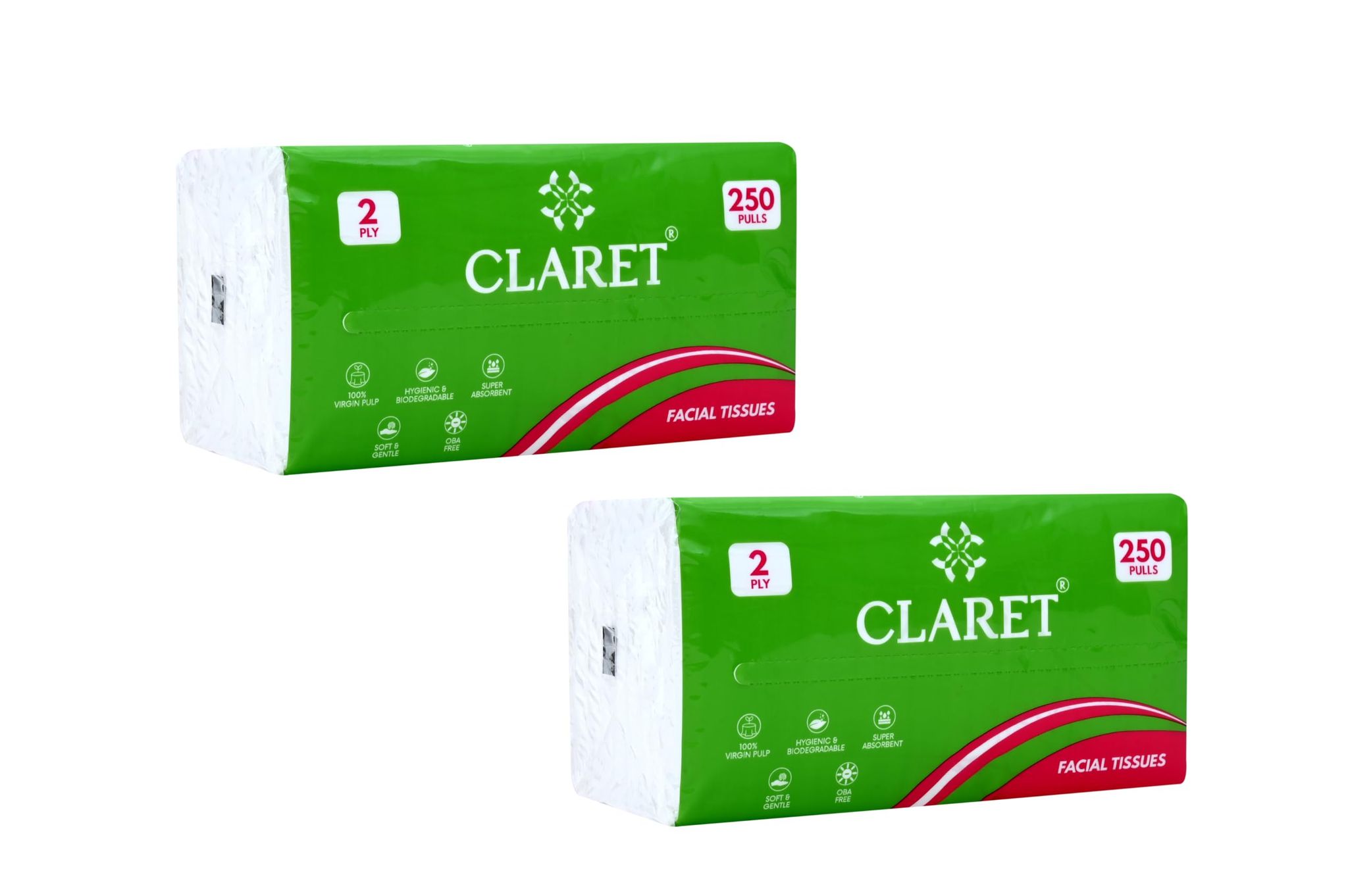 CLARET Polypack Facial Tissues - 2 Ply, 250 Pulls (500 Sheets), 18 x 20 cm - Super Soft, Multipurpose Dry Tissue for Personal Care, Bedside, Office and Car - Pack of 2