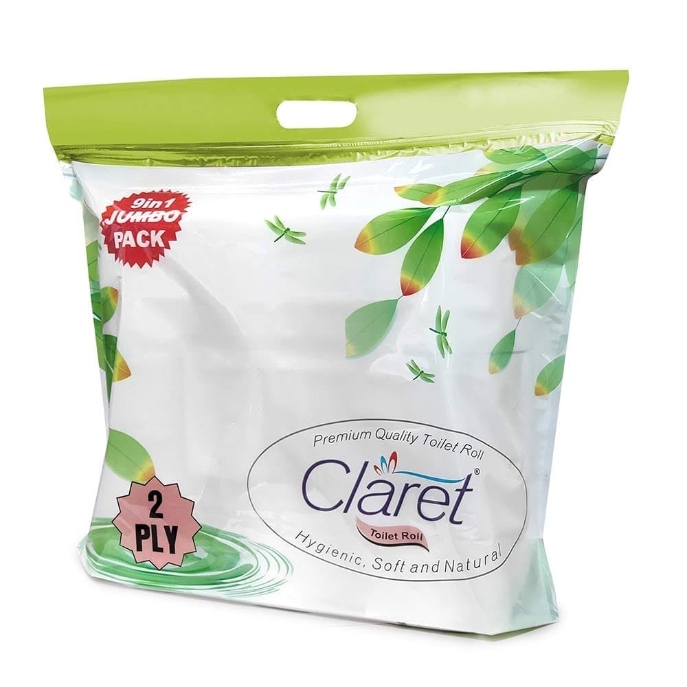 Claret Premium 2-Ply Toilet Paper – 9 In 1 Jumbo Pack, Highly Absorbent, Soft & Hygienic, Virgin Paper, Flushable