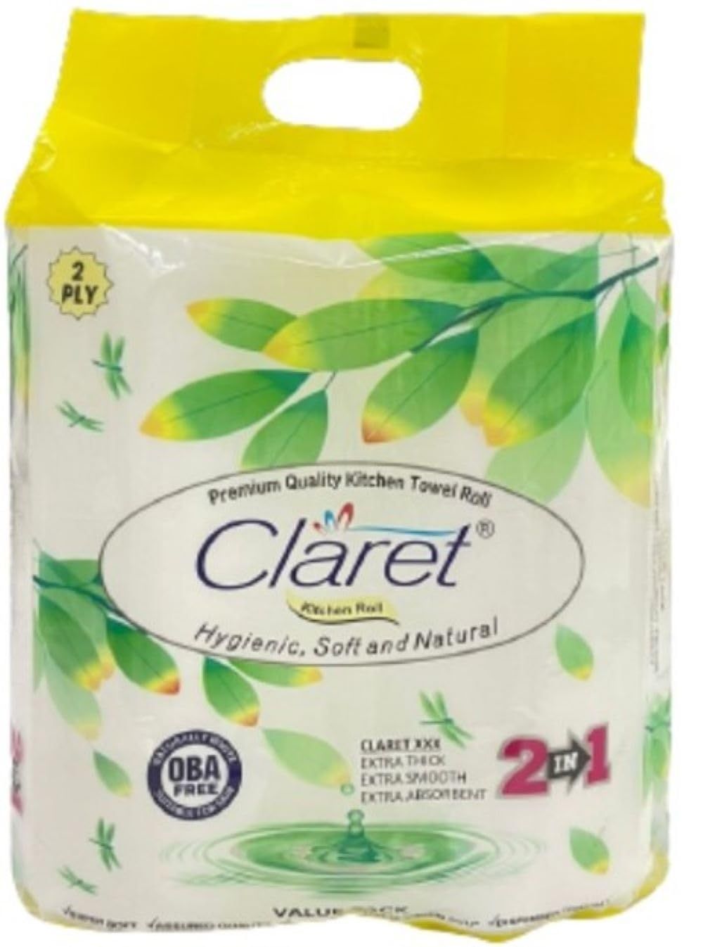 CLARET 2-Ply Kitchen Tissues - Highly Absorbent, 100% Natural Virgin Paper, Food Safe, 2 Rolls per Pack (20x20 cm Sheets) - Pack of 1