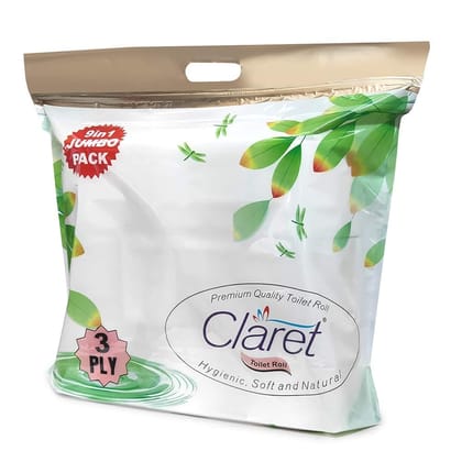 Claret Premium 3-Ply Toilet Paper Rolls - Jumbo Pack of 9, Highly Absorbent & Skin-Friendly with Convenient Zipper Pack for Daily Use