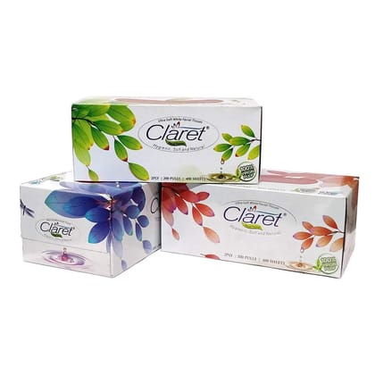 Claret Facial Tissue Box - 200 Pulls, 2-Ply, 3-in-1 Pack - Soft, Strong and Hygienic Care for Daily Use