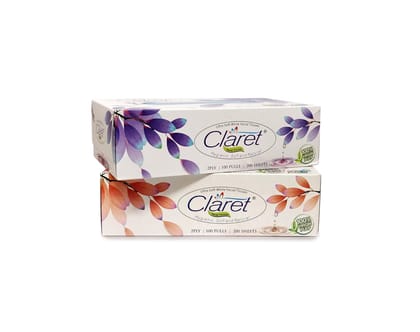 Claret Facial Tissue Box Extra Thick and absorbant, Disposable Face Drying Towel,Friendly to skin,Face drying after washing,-100 Pulls 2 Ply (Pack of 2)