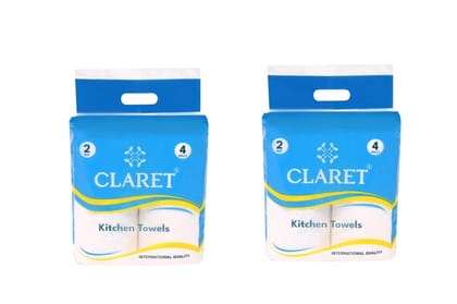 Claret Kitchen Towel Roll - 2-Ply, 60 Sheets Per Roll (4 Rolls), 20x20 cm, 4-in-1 Versatility, Pack of 2 - Hygienic, Soft & Natural for Kitchen Hygiene and Safety