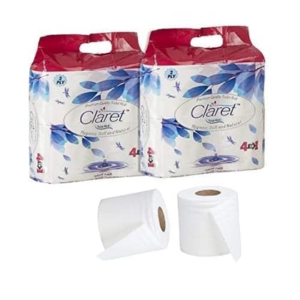 Claret Toilet Paper Rolls - 2 Ply, 4 in 1 Pack of 2, Total 8 Rolls with 760 Pulls, Soft, Durable & Hygienic for Daily Use